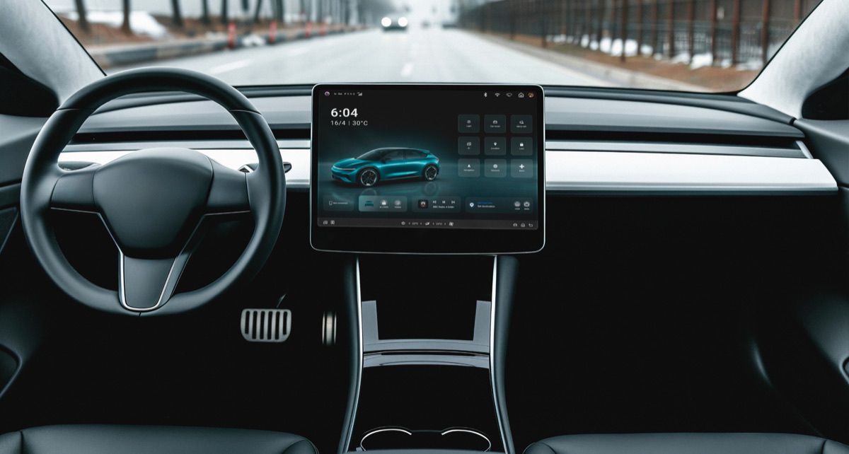 In-vehicle infotainment dashboard interface viewed from the driver's seat