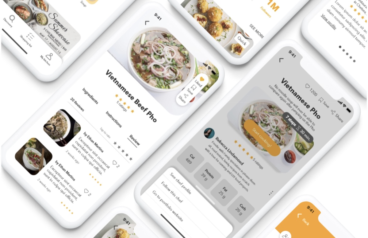 The Chef's Table culinary app shown across multiple phone screens
