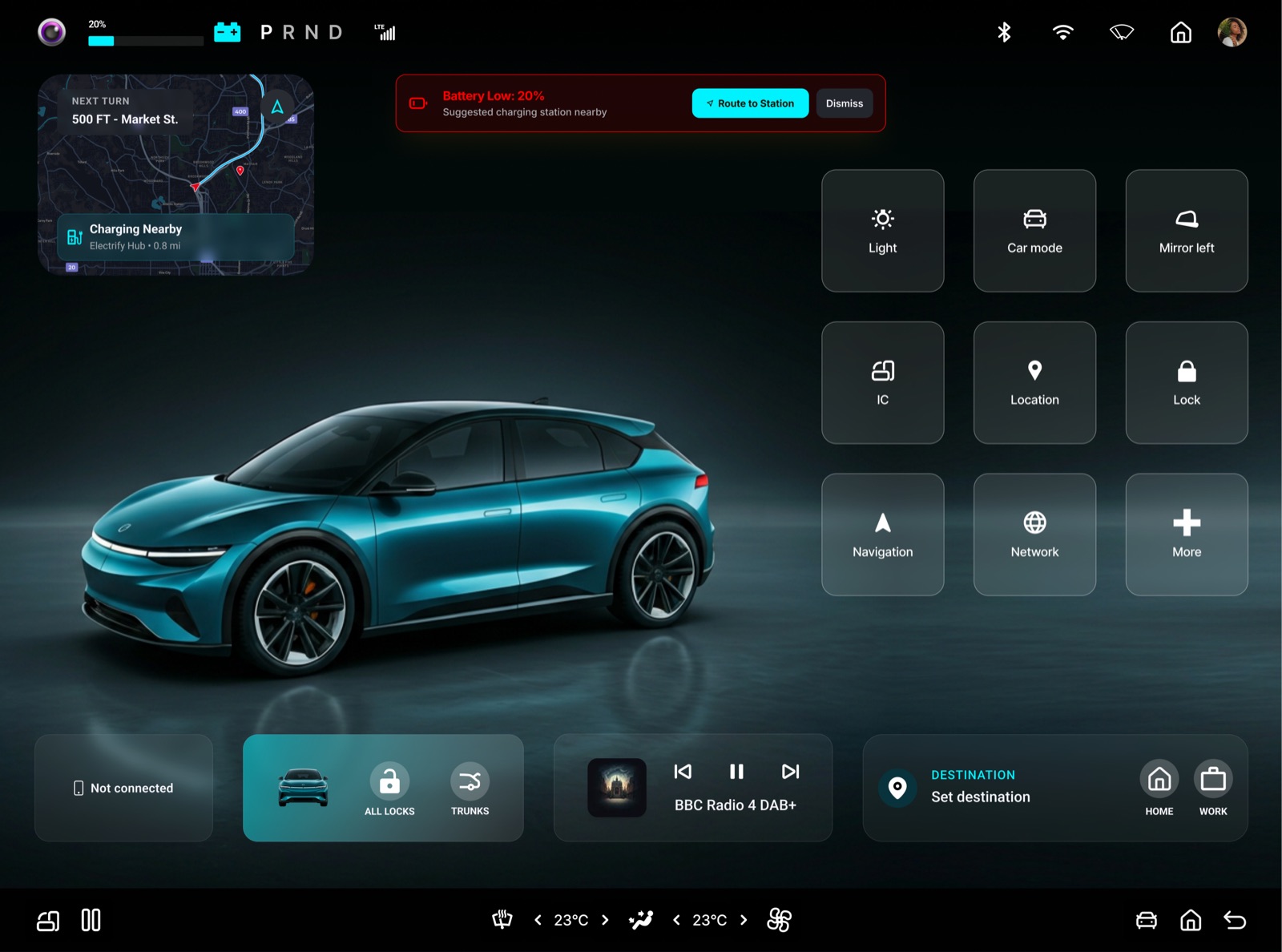 Final UI showing a low battery alert with nearby charging station suggestion