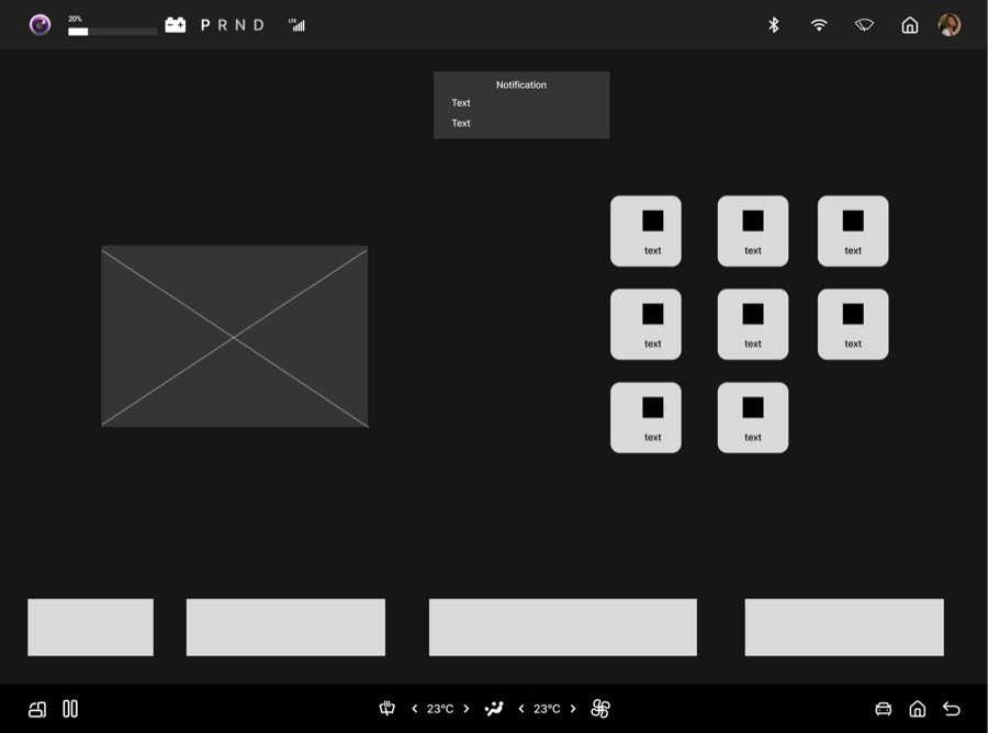 Center display wireframe — home screen with quick controls