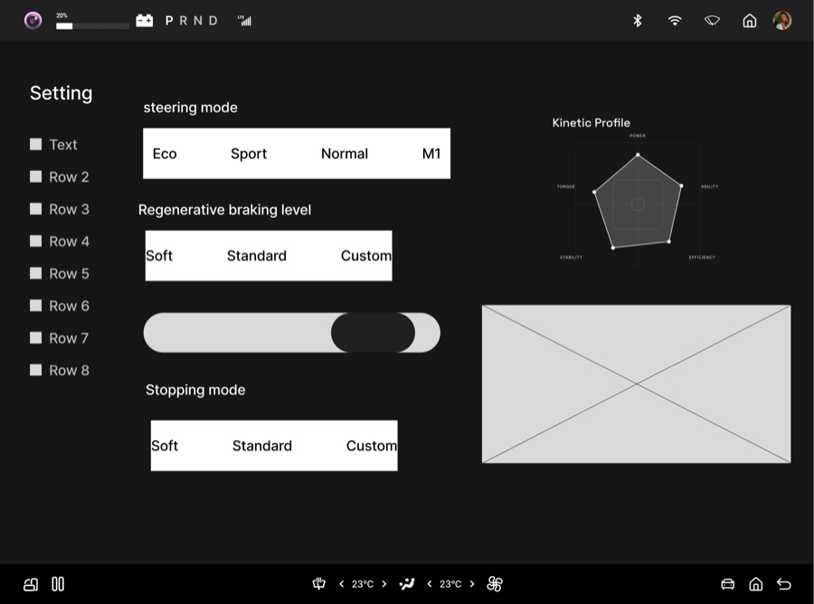 Center display wireframe — settings screen with steering mode and regenerative braking options