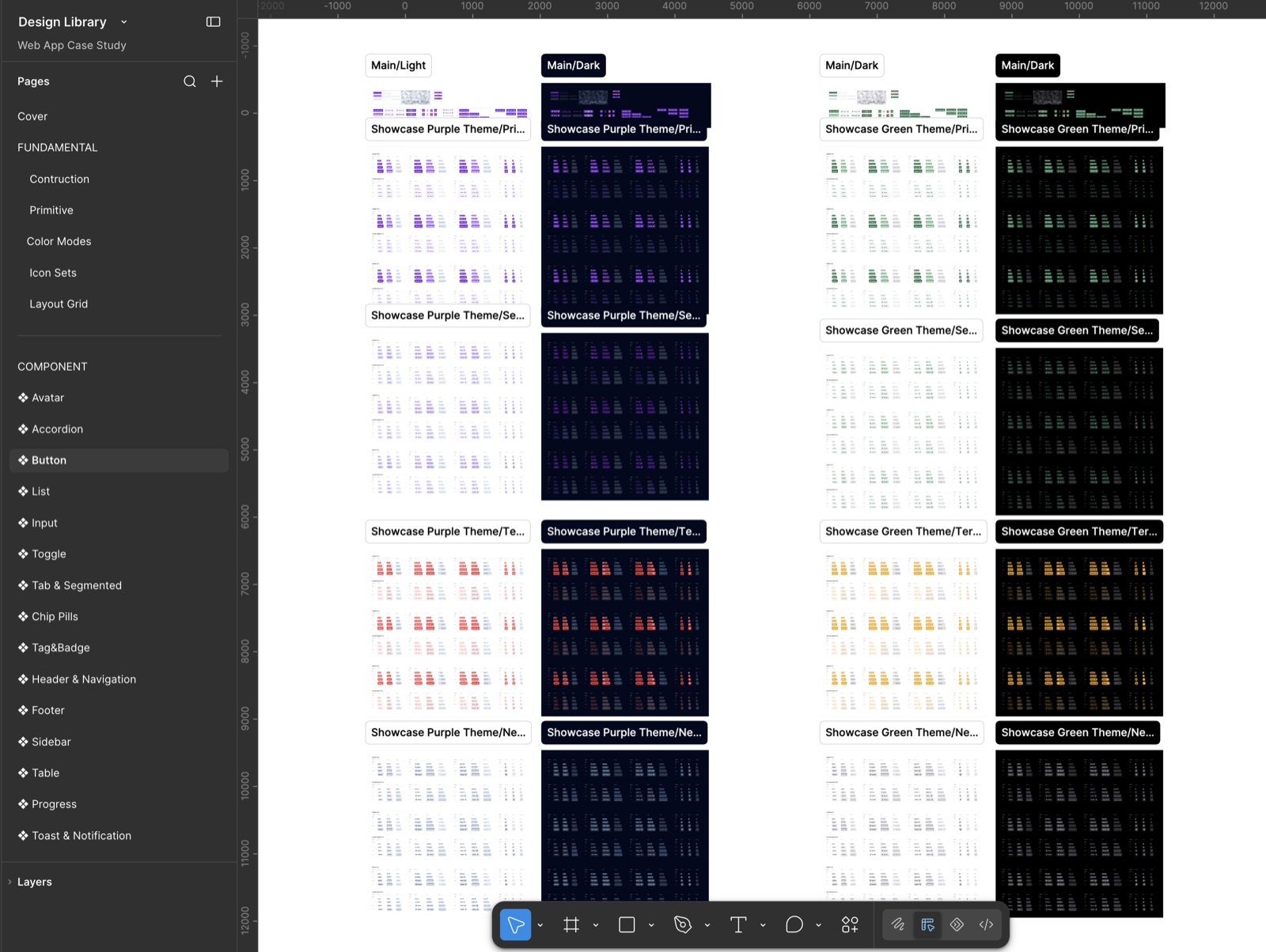 Figma design library showing light and dark theme component showcases for buttons, inputs, and other UI primitives