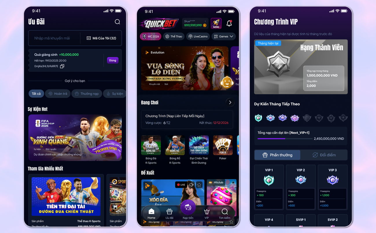 QuikBet promotions, home, and VIP program screens on a purple gradient background