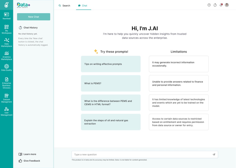 J.AI chat interface showing sample prompts and limitations